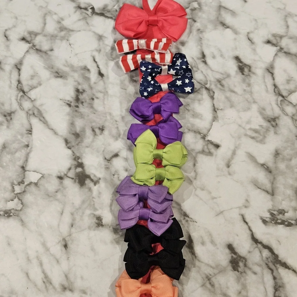 24 Girls Hair Bows Lot Solid Colors Patriotic Alligator Clips Pink Ribbon Hanger